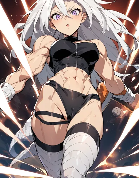 a girl, female focus, (a girl from the Dragon Ball universe) (the girl would wear black clothes, very tight on her body) slim muscles, ripped muscles, the girl would be raising her ki, she would have medium breasts, white hair, pretty face , beautiful girl...