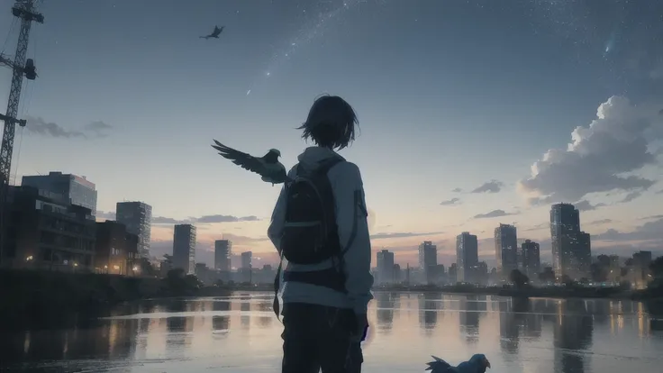 真っ暗なnight空,Octane, star (null), scenery, Blue parakeet,The acoustic guitar is in front of the body.,star, night, A girl and a boy standing back to back, Back view, alone, Outdoor, city,river,Blue parakeet,building, cloud, 天のriver,silhouette