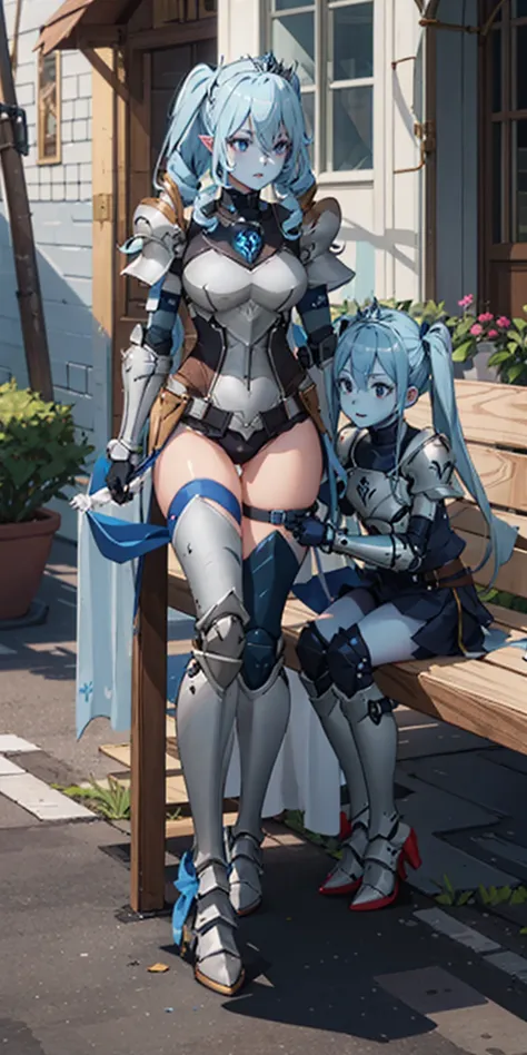 full body sitting on a bench showing ass to me, blue breastplate, blue skin (1girl)(blue skin:1.2) full body armor, thigh highs,...