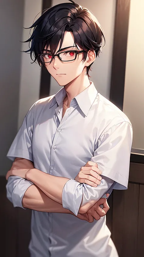 A man with Black hair with a short middle part and the ends of his hair is red, has red eyes and plus-shaped pupils, wears rectangular glasses With the frame below empty, he has a handsome, soft and kind face, he wears a white shirt and a gray vest, his ap...