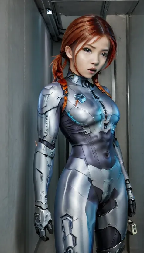 1 girl、medium bust、solo、red hair、braid、mobile race suit、shoulder armor、ceiling、wide shot、looking ahead、zipup suit 、closed mouth、...