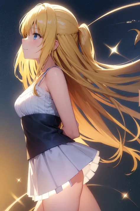 (masterpiece:1.3), (best quality:1.2), (8k, ultra detailed, ultra high res:1.2), ((anime style)), perfect anatomy, 
1girl,
BREAK long hair, wavy hair, blonde hair, blue eyes, 
medium breasts, camisole, (Sequins, white Sequins:1.2), mini skirt, 
BREAK smile...