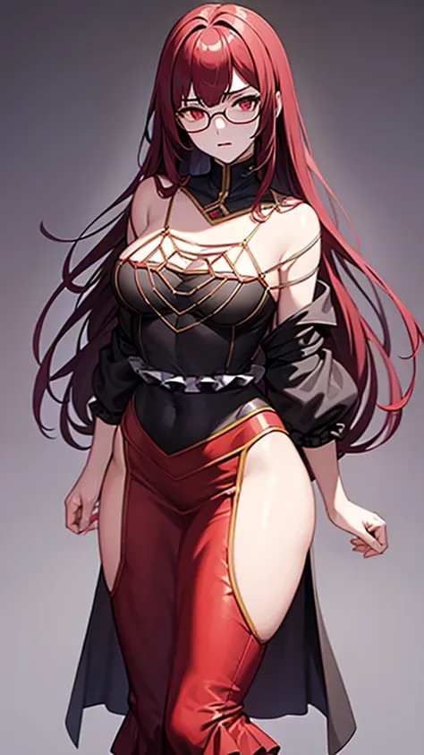 (masterpiece), (best quality), a 20 year old female villain with long dark red hair, red eyes, chest, red commander hat, round g...