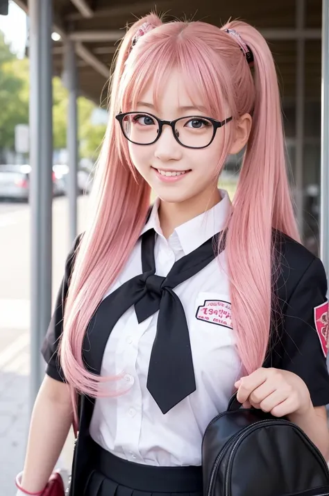 1girl, beautiful girl, cute girl and idol face, young face, smile, Beautiful long pink hair, twintails, Beautiful shining red eyes, white skin, slender, Short body, black-rimmed glasses, Japanese High School Girls Uniforms, Schools, schoolyards, and commut...