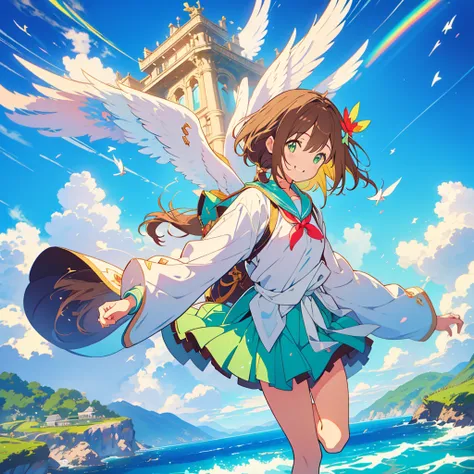 kawaii, anime, Cute, hyper quality, highly detailed, 8k, Front facing, Clarity, brown long hair, green eyes, smile, whole body, heaven, Rainbow colored wings on the back, particles of light, sky background, flapping its wings, Pose with movement, Fantastic...