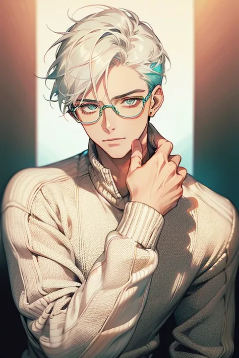 ((Masterpiece, Highest Quality)), Detailed Face, male, white sweater, turquoise eyes, (((Top Quality))), Short hair, Shaved whiskey,Spits, white colored hair, Stylish glasses