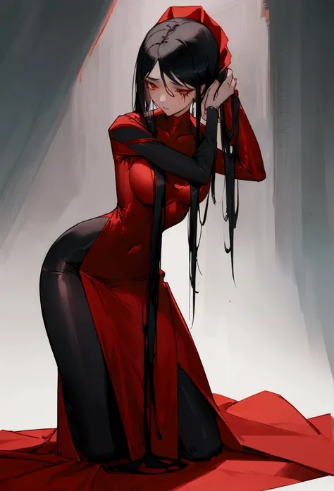 NSFW, black hair woman, straight with elegant red dress, kneeling in front of a tall man in a suit who grabs her hair tightly