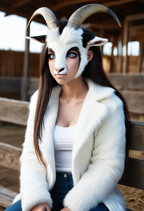 lap, looking shocked, looking surprised, painful expression, (a American high school girl is getting transformed into a female white fur goat), , digitigrade, high school girl is getting transformed into a female white fur goat , ripped clothes, breast, bu...