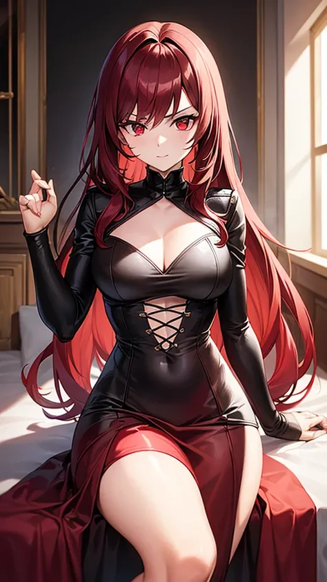 (Masterpiece), (best quality), A 20-year-old female villain with long dark red hair, red eyes, chest, commander&#39;s hat, round glasses, black outfit, standing.