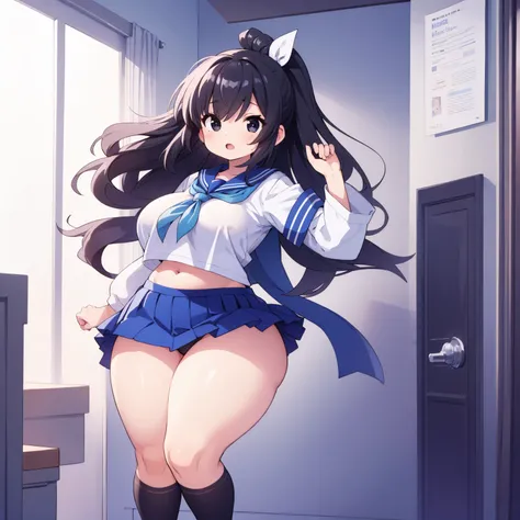 (((High quality))), 1girl, solo, black hair, messy hair, bangs, black eyes, large breasts, wide hips, tall, thick thighs, white blouse, blue skirt, sailor uniform, eyes wide open