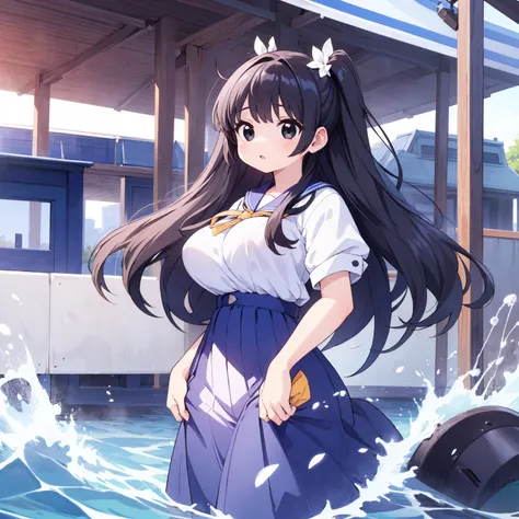 (((High quality))), 1girl, solo, black hair, messy hair, bangs, black eyes, large breasts, wide hips, tall, thick thighs, white blouse, blue skirt, sailor uniform, eyes wide open