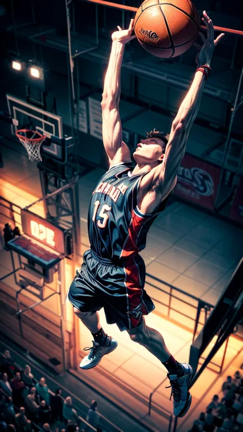 a middle-aged basketball player, dunking the ball through the hoop, hanging from the rim, viewed from above, crowd cheering, dramatic scene, high-quality 3D render, stunning lighting, realistic textures, dynamic action pose, powerful and intense energy, dr...