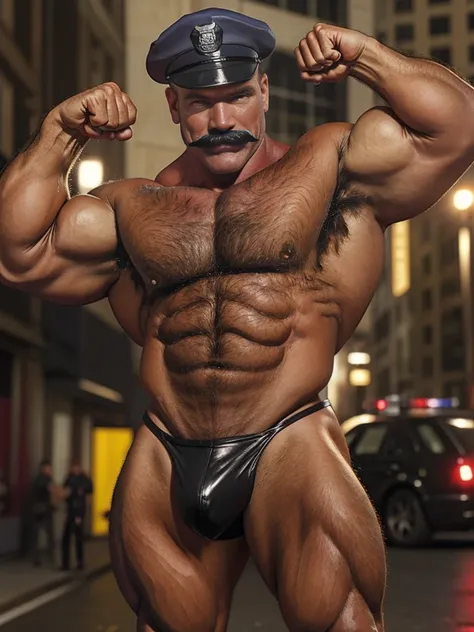 60 years old, white police detective with mature and friendly demeanor, tall, strong and muscular build, mustache, police officer posing shirtless, flexing his muscles, police beret, hairy chest, giving off a touch of slutty but disgusting aura, underwear ...