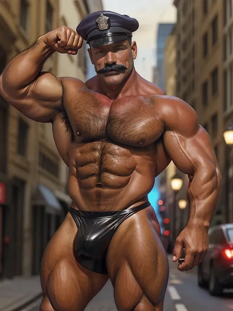 60 years old, white police detective with mature and friendly demeanor, tall, strong and muscular build, mustache, police officer posing shirtless, flexing his muscles, police beret, hairy chest, giving off a touch of slutty but disgusting aura, underwear ...