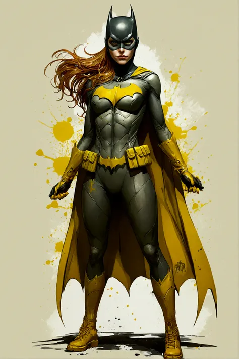 a masterpiece, batgirl from dc comic wearing alternate yellow costume, coy and alluring, full body, Kim Jung gi, freedom, soul,  comic style, cyberpunk, perfect anatomy, centered, approaching perfection, dynamic, highly detailed, watercolor painting, artst...