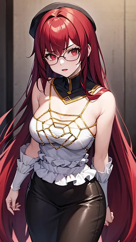 (masterpiece), (best quality), a 20 year old female villain with long dark red hair, red eyes, chest, wearing a red commander ha...