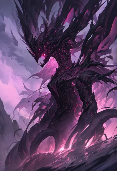 A menacing Lovecraftian Valkyrie emerges from the depths of darkness, her twisted wings casting eerie shadows on the barren landscape below. This captivating image, perhaps a digitally rendered painting, showcases her monstrous yet alluring features: tenta...