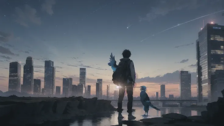 真っ暗なnight空,Octane, star (null), scenery, Blue parakeet,The acoustic guitar is in front of the body.,star, night, A girl and a boy standing back to back, Back view, alone, Outdoor, city,river,Blue parakeet,building, cloud, 天のriver,silhouette