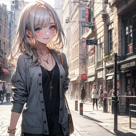 (​masterpiece),(top-quality:1.2),(perfect anatomy),(((1 girl))),(solo),beautiful detailed blue eyes,silver hair,((latest trend clothes)),(wearing loose cardigan worn casually),cute costumes,(Highly detailed elegant), Detailed skin,(kindly smile),(girl walk...