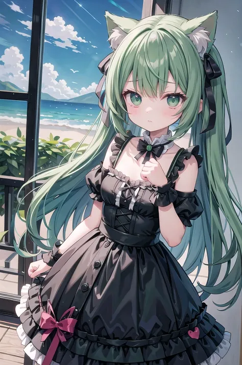 Super Deformed green hair Cat ears Curly hair Gothic Lolita BIG ribbon heart