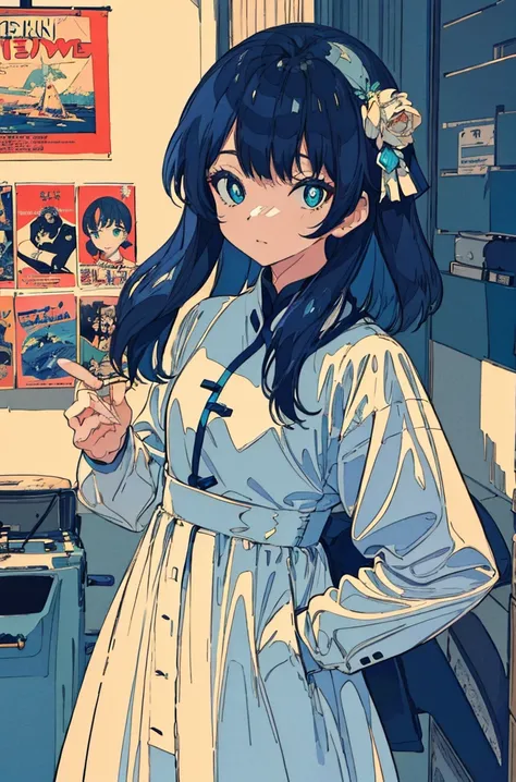 A masterpiece，Dark blue hair，Side face，Hair smoothness，calm，Cyan pupils，Font，poster，jump，Hair Bunch，White shirt，Dress fashionably，Standing picture，laid back，best quality, Illustration style，Large aperture portrait， Anime Girl, beautiful eyes, summer,, smal...