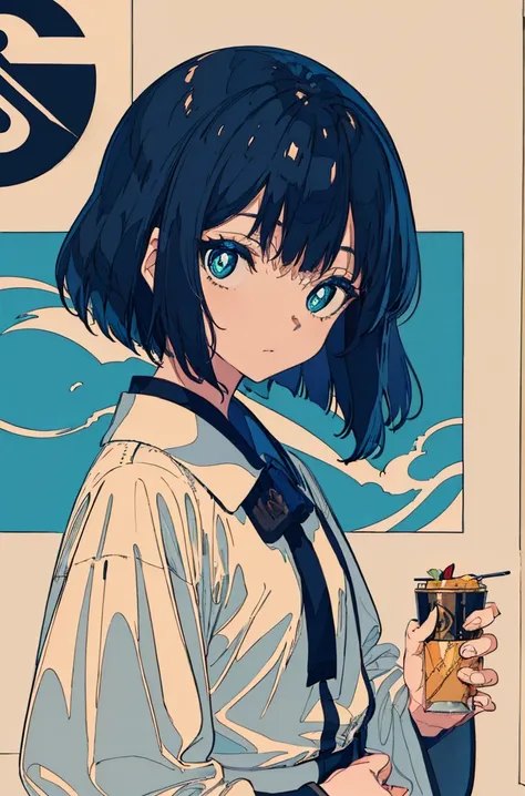 A masterpiece，Dark blue hair，Side face，Hair smoothness，calm，Cyan pupils，Font，poster，jump，Hair Bunch，White shirt，Dress fashionably，Standing picture，laid back，best quality, Illustration style，Large aperture portrait， Anime Girl, beautiful eyes, summer,, smal...