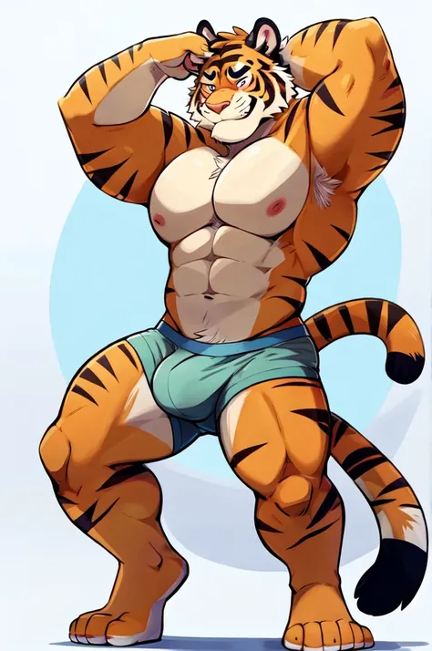 Tiger, By Haps, 1boy, abs, animal ears, bara, bulge, full body, white background, Seminude, Boxers, Runing, Full body, backwards