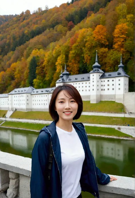 high quality, 1 woman, ((36-year-old healthy Korean woman)), ((36 years old)), 1 woman, eyes are big and beautiful. ((slim)), ((short medium hair)), Smile. pose: standing, windbreaker jacket, background:Your residence is a baroque townhouse with a plaster ...