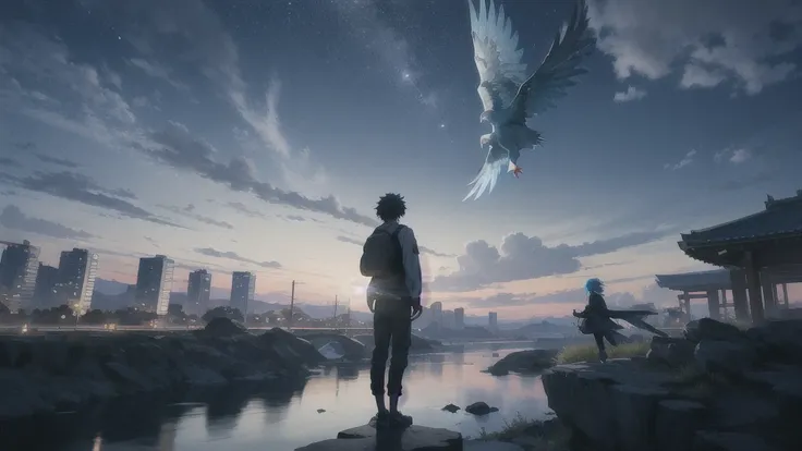 真っ暗なnight空,Octane, star (null), scenery, Blue parakeet,The acoustic guitar is in front of the body.,star, night, A girl and a boy standing back to back, Back view, alone, Outdoor, city,river,Blue parakeet,building, cloud, 天のriver,silhouette