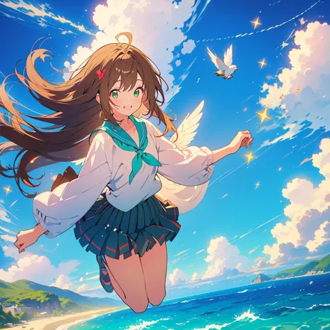 kawaii, anime, Cute, hyper quality, highly detailed, 8k, Front facing, Clarity, brown long hair, green eyes, smile, whole body, heaven, Rainbow colored wings on the back, particles of light, sky background, flapping its wings, Pose with movement, Fantastic...