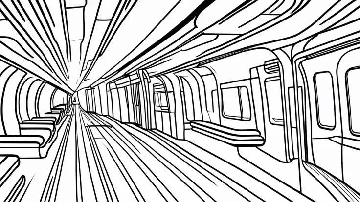 Draft, minimal line drawing, thin, thin lines, train interior