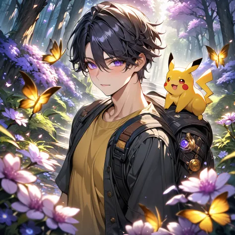 Boy with yellow tshirt ,pikachu on shoulder, forest, absurdres, highres, ultra detailed, HDR, master piece, best quality, black hair, expressive purple eyes, black clothes, magical, fantasy, shining, purple flowers, blossoms, yellow butterflies