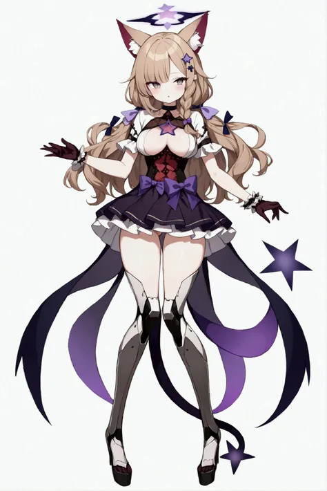 woman 170 cm tall, medium chest, wide hip, slim build, charming look, ((whole body)), (((character design sheet: front view))), (dark blonde hair, ((hip length wavy hair, asymmetrical bangs, star hairpin)), (She has a short braid tied with an elegant purpl...