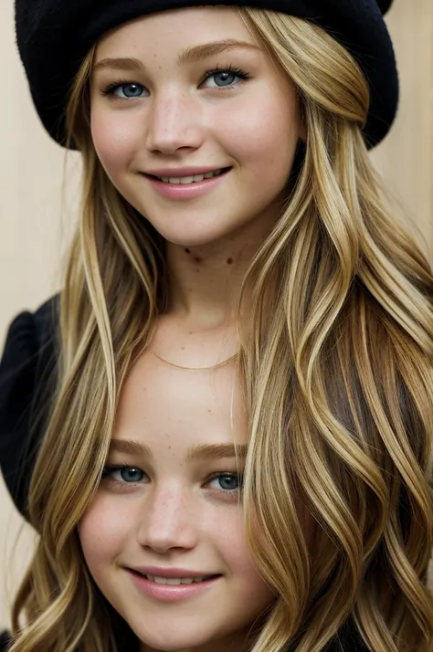 Portrait of a beautiful 13-year-old blonde girl identical to Jennifer Lawrence with a smile and wearing a black beret with a pompom on her head 