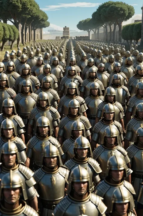 Create an army of many Roman soldiers with futuristic features in a utopian society 