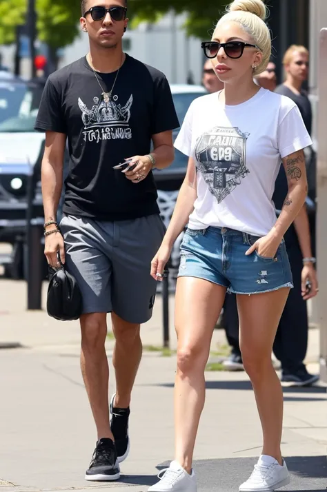 Lady Gaga, casual, hair tied up, T-shirt and shorts, walking on the street