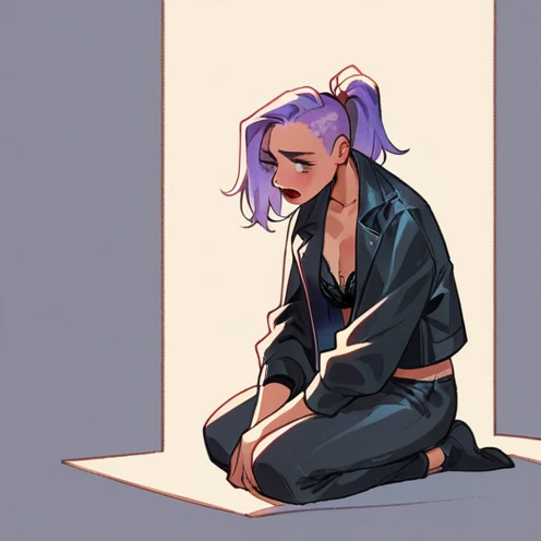 beautyful woman, lilac hair, red lipstick, sidecut hair, long hair, ponytail hair, kneeling, black bra, black jacket, black pants, concerned