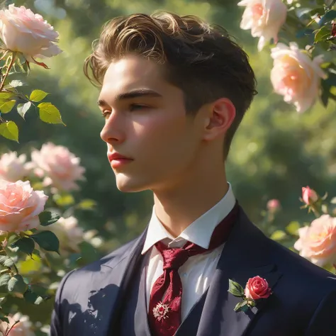 create an image of a young man inspired by the characteristics of the rose 'the prince.' he standing with a relaxed yet confiden...