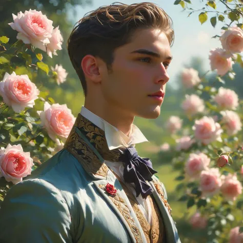 create an image of a young man inspired by the characteristics of the rose 'the prince.' he standing with a relaxed yet confiden...