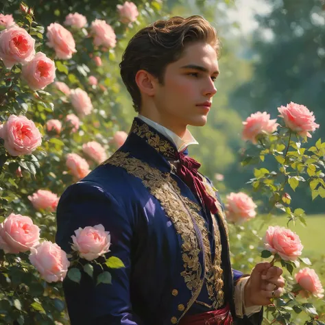 create an image of a young man inspired by the characteristics of the rose 'the prince.' he standing with a relaxed yet confiden...