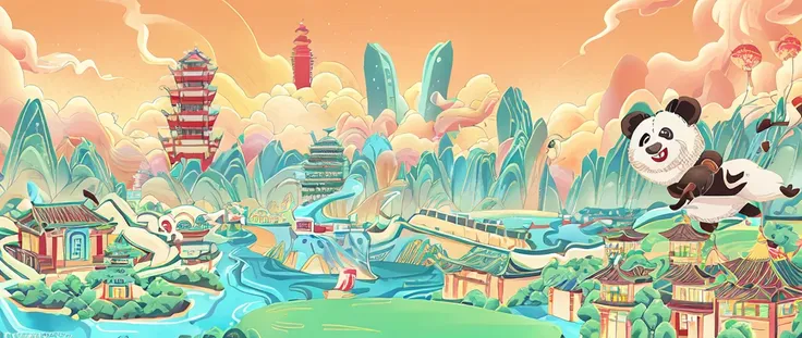 cartoon illustration of a panda bear flying over a city with buildings and a river, shenzhen, stylized digital illustration, tra...