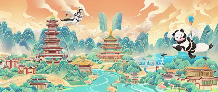 cartoon illustration of a panda bear flying over a city with buildings and a river, shenzhen, stylized digital illustration, traditional korean city, megacity background, japanese city, seoul, background artwork, beijing, gta chinatowon art style, city in ...