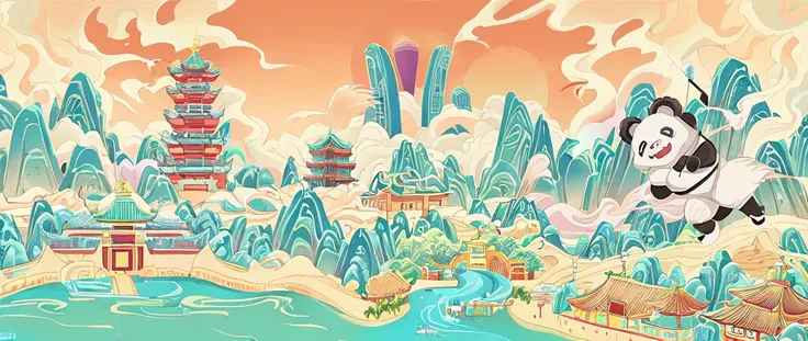 cartoon illustration of a panda bear flying over a city with buildings and a river, shenzhen, stylized digital illustration, tra...