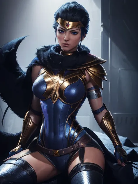 (Best Quality, high resolution, artwork :1.3), Very detailed texture of the face and skin., detailed eyes, double eyelid, Wonder Woman,DC,Alternative hairstyle,black fur,Blue eyes,looking at the viewer,muscled woman,shiny skin,legs open,correa,top-less