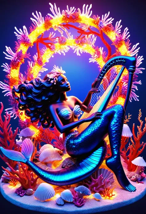 a luminescent 3d render of a black mermaid underwater playing the harp, reclining amidst a kaleidoscopic of coral reefs and seas...