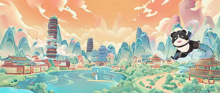 cartoon illustration of a panda flying over the city，minimalist style，buildings and river in the city, chengdu, stylized digital...