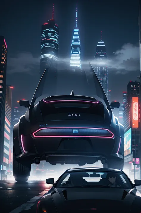 futuristic car driving through a cyberpunk city with skyscrapers in the background, it's like a movie, 4k,ultra-realistic, nice,...