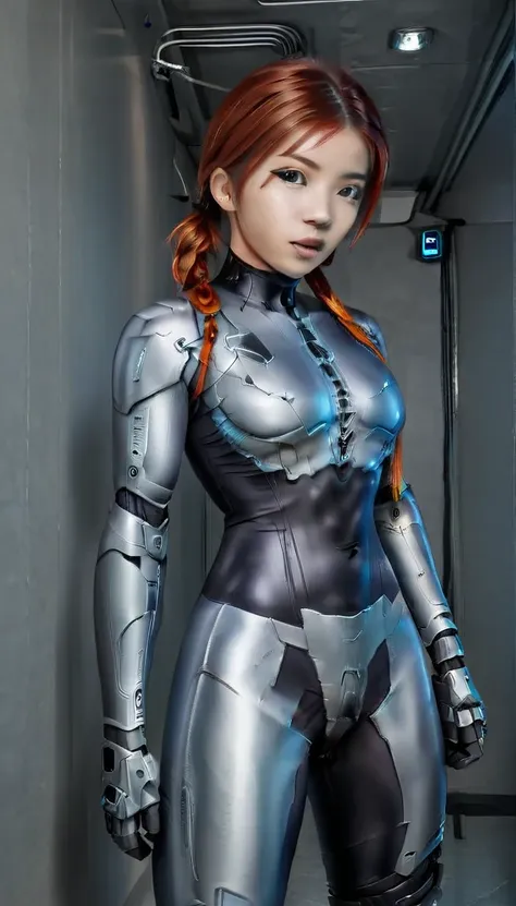 1 girl、medium bust、solo、red hair、braid、mobile race suit、shoulder armor、ceiling、wide shot、looking ahead、zipup suit 、closed mouth、...