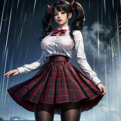 lingx,black hair,twintails,brown eyes,hair ornament, pantyhose (insanely detailed, masterpiece, best quality),solo, steam , rain...