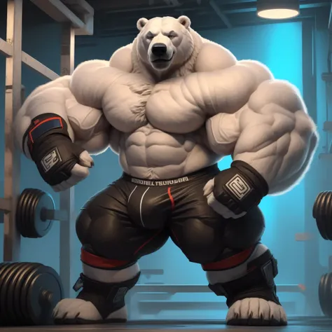 a polar bear with a huge thick muscle, furry ((white polar bear)) wearing MMA boxer shorts and MMA fingerless gloves, Gym ring, ((huge muscular:1.2, wide pectoral, thick arms, sixpack)), smile, thicc, lowres, giant and muscular, danbooru and artstation, he...